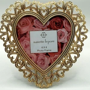 Nanette Lepore Gold Heart Shaped 4x4 Photo Frame Romantic Vintage-Inspired Decor - Picture 1 of 6