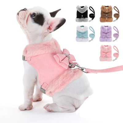 Cute Bow Small Dog Cat Harness and Leash Pet Puppy Warm Fleece Vest Coat Padded - Image 1 of 4