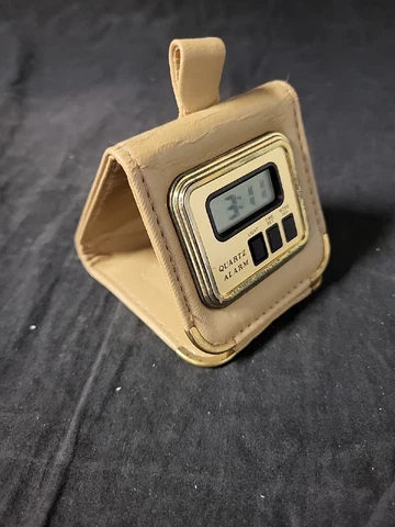 Vintage LCD Wallet Travelling Clock Beige Leather Quartz Alarm Case Pocket Cover