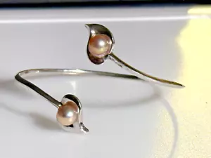 Sterling Silver 925 Bracelet Bangle Pearl Open 8.27g - Picture 1 of 8