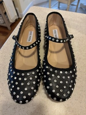 Sapato STEVE MADDEN Feminino Tamanho 10 M Preto Strass VINETTA Fivela Sapatilhas de Balé - Imagem 1 de 4