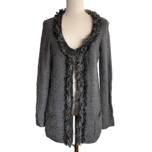 Elie Tahari Womens Small Gray Sweater Textured Knit Fringe Trim Round Neck 50814 - Picture 1 of 9