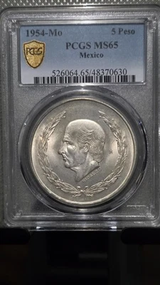1954 Mo MEXCO HIDALGO  5 Five Pesos Silver Coin PCGS MS65 - Image 1 of 4