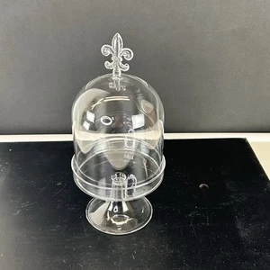 Hand Blown Glass Display Pedestal Stand With Cloche Dome fleur-de-lis  Handle - Picture 1 of 11