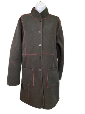 Susan Graver 黑色可反转抓绒外套 L 红色缝线极简主义复古 — 第 1/4 张图片