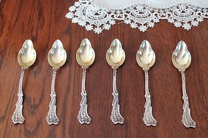 JUEGO DE 6 CUCHARAS VINTAGE PLATA ESTERLINA ORO LAVADO Old Mark Gorham #573 c.1880 - Imagen 1 de 6