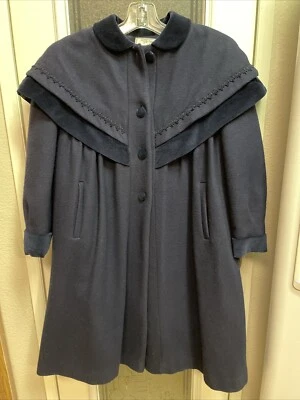 Vtg Tailored By Rothschild Long Wool Velvet Button Down Coat Navy Sz 10 READ - Image 1 of 4