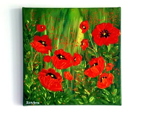 Pintura Floral Original "Amapolas Salvajes" 12" x 12" sobre Caja Lienzo por Judith Rowe - Imagen 1 de 6