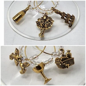 6 Wedding Reception Wine Glass Charms Champagne Cake Bouquet Lovebirds Romantic! - Picture 1 of 12