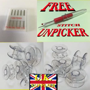 10 X DURCHSICHTIGE SPULEN (15k) + NADELN FÜR NÄHMASCHINEN + KOSTENLOSER STICHENTSCHLÜSSELER - Bild 1 von 2