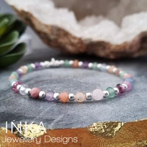 Inka 925 Sterling Silver & 4mm Mixed Gemstone bead Bracelet with Inka charm - Picture 1 of 3