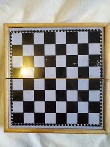 chest board game. All pieces are together wooden box frame. .metal check board - Picture 1 of 14