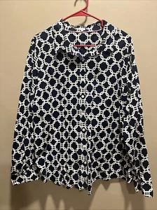 Crown & Ivy Women Blue White Geometric Blouse 3X Nautical Preppy Classic Capsule - Picture 1 of 10
