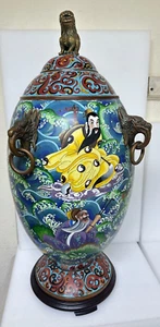 32" BEAUTIFUL Asian Chinese Bronze Copper Enamel Cloisonne Urn Pot Vase Jar Gods - Picture 1 of 24