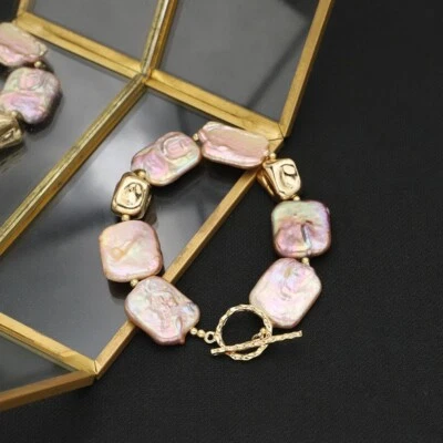 Brazalete de perlas barrocas cuadradas púrpuras naturales del Mar del Sur de 7,5-8"" cierre de oro de 14 k P Foto 1 de 4