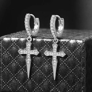 One Pair 18K White Gold Plated CZ Cross Leverback Huggie Hoop Drop Earrings US - Picture 1 of 6