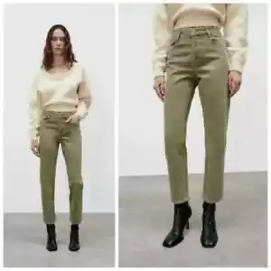 Pantalones de mezclilla Zara para mujer 6/29 verde oliva tiro alto pierna cónica informal botón mosca - Imagen 1 de 9