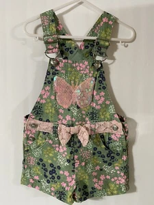 Nannette Kids 4T Overall Shorts Shortalls Green & Pink Floral Pink Lace Bow  - Picture 1 of 10
