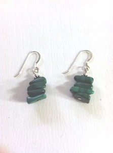 925 Sterling Silver Earrings Dangle Green Malachite Stone #253 - Picture 1 of 6