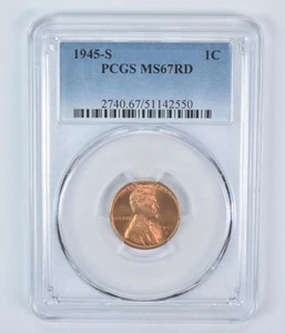 1945-S Lincoln Wheat Cent MS67 RD PCGS Blue Label *1967 - Picture 1 of 5
