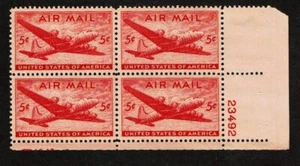 1946-7 U.S. AIRMAIL 5c DC-4 Skymaster Plt#Blk Sc#C32 M/VLH/OG - Picture 1 of 1