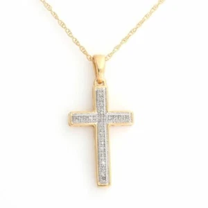 Round Natural Diamond Cross Pendant Necklace Solid Sterling Silver 925 - Picture 1 of 6