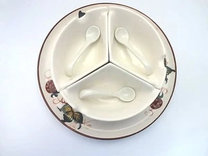 VINTAGE CERAMIC THREE SECTION CONDIMENT DISH/BOWL WITH SERVING SPOONS - Picture 1 of 3