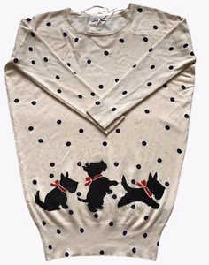 DJ & JUJU Medium Sweater Scottish Terrier Beige Navy Polka Dots Pullover Scottie - Picture 1 of 7