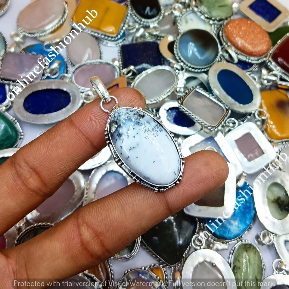 Pingentes extravagantes feitos à mão folheados a prata esterlina 925 opala dendrita e pedra preciosa mista - Imagem 1 de 1