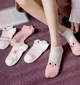 5 Pair Pink Socks Set Cat Print Soft Lightweight Low Cut Ankle Socks UK Size 4-6