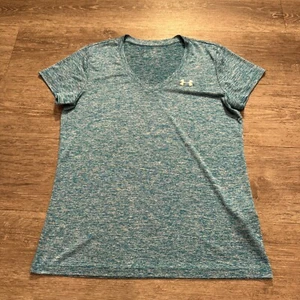 Under Armour Shirt Womens Medium Blue V Neck Short Sleeve Outdoor Stretch Adult - Picture 1 of 8