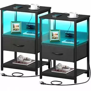 Nightstand Set Of 2 LED Bedside end Table With Charging Station Drawer Storage - Picture 1 of 7