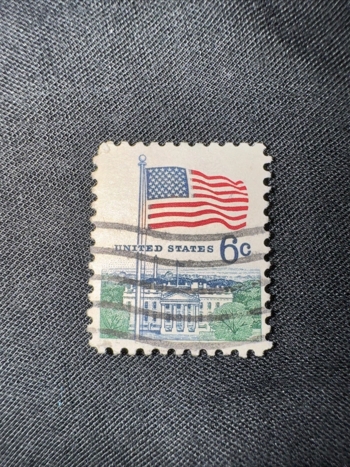 American Flag Stamp - 6¢ #1338 - Significant Green, Blue, and Red Ink Smear - Image 1 of 1
