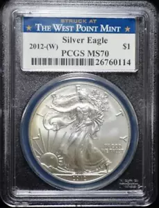 2012 W, American Silver Eagle, PCGS MS70, Struck at West Point Mint, Blue Holder - Picture 1 of 2