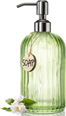 18 Oz Vertical Striped Green Soap Dispenser with 304 Rust Proof Stainless Steel  - Image 1 of 4