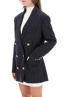 BALMAIN Women Jacket Navy Striped Oversized Wool Double Breasted Blazer 14 FR 46 - Image 1 of 4