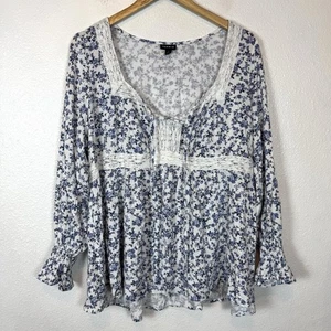 Torrid Womens 1X Babydoll Rayon Slub Lace Trim Long Sleeve Blouse Floral Cottage - Picture 1 of 11