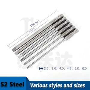 6x Slotted Screwdriver Bit Magnetic Extra Long 100mm Impact Drill 1/4 Hex Shank - Picture 1 of 5