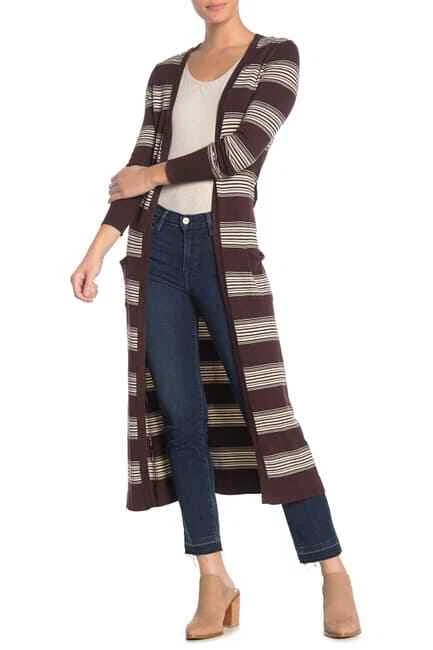 Vertigo Longline Duster Cardigan Sweater L  Coffee Vanilla Black Striped  B89 - Image 1 of 4