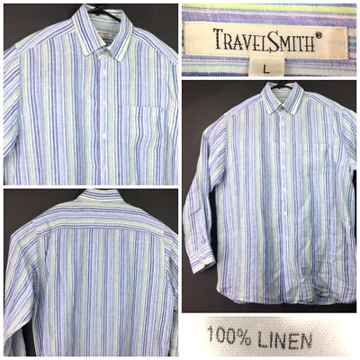 Travel Smith Para Hombres Grande (46 en Pecho) Púrpura Claro Azul Rayas Lino Abotonable Foto 1 de 4