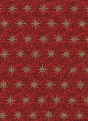 * 44" * MARCUS BROTHERS * QUILT SHOP * GOLD METALLIC STARS * ON RED PRINT * 1 YD - Image 1 of 3