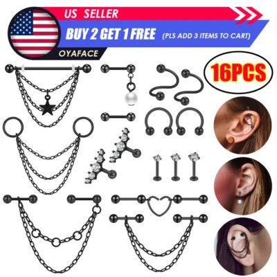 16PCS Earring Tragus Stud Cartilage Nose Ring Hoop Chain Industrial Barbell 16G - Image 1 of 4
