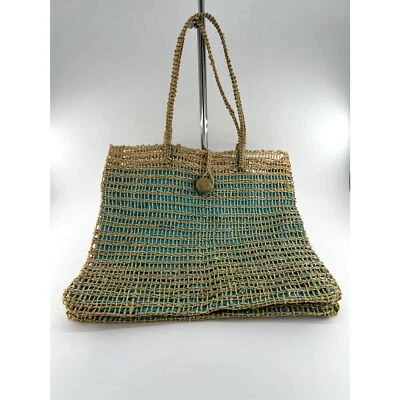 Bolso de Mano de Yute Forro de Tela de Poliéster Aqua con Bolsillo Interior Cierre de Botón de Madera Foto 1 de 4