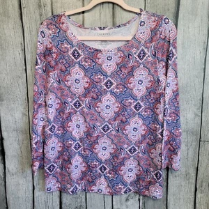 Talbots Top Womens Large Red White Blue Paisley 3/4 Sleeve Scoop Neck Top Blouse - Picture 1 of 8
