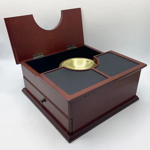 Vintage Red Mahogany Wood Jewelry Box with Integrated Brass Catchall Bowl - Picture 1 of 13