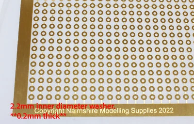 NAIRNSHIRE MODELLING SUPPLIES 50 brass shim washers. 2.2mm inner diameter (minimum) for 2mm axles. 0.2mm thick