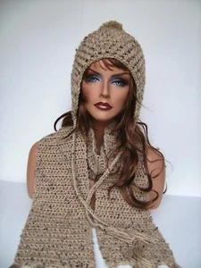 MENS WOMENS BEIGE TAN FLECK TWEED CROCHET EARFLAP HAT AND SCARF SET PERUVIAN HAT - Picture 1 of 7