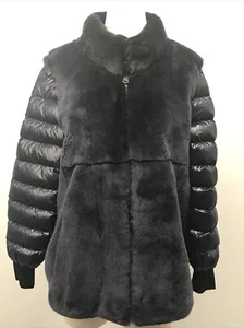 Chaqueta para mujer delgada de peluche con cremallera completa piel sintética azul marino manga tampón talla L - Imagen 1 de 12