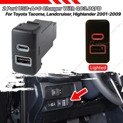 Interruptor adaptador cargador USB premium tipo A/C para Toyota Tundra FJ Cruiser Tacoma Foto 1 de 4