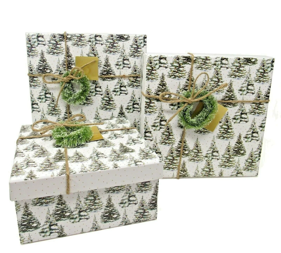 Set of 3 Punch Studio Decorative Keepsake Boxes Christmas Snowy Pine Trees 24119 - Image 1 of 4